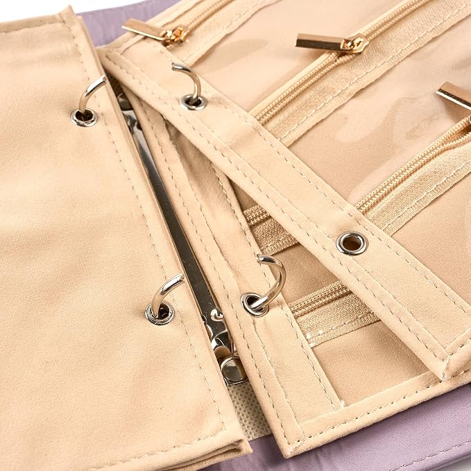 Travel Jewelry Binder Organizer Storage Book - Jewelry Boxes PU Leather Organizer Case with Zipper Velvet Pouches for Women Gifts - Pale Lilac - Image 5