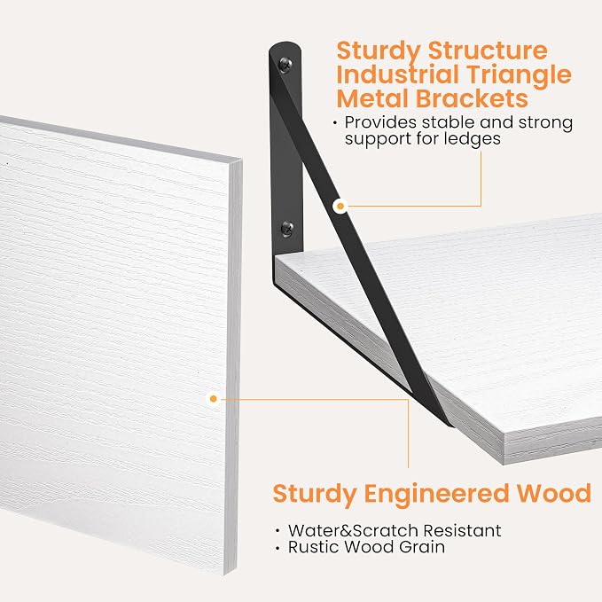 Heimlove White Deep Floating Shelves for Wall, 16W x 12D Wood Wall Shelves Set of 2, Wide Floating Bookshelf for Living Room, Kitchen, Office, Bedroom and Decor Storage, with Black Bracket - White - Image 4