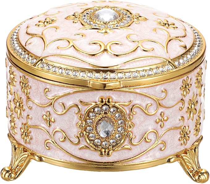 Hipiwe Metal Jewelry Box Small Treasure Chest Box Vintage Round Trinket Organizer Ring Holder Enameled Jewelry Box for Earrings Necklace Holder Gift for Birthday Christmas,Home Decor,Beige by Hipiwe
