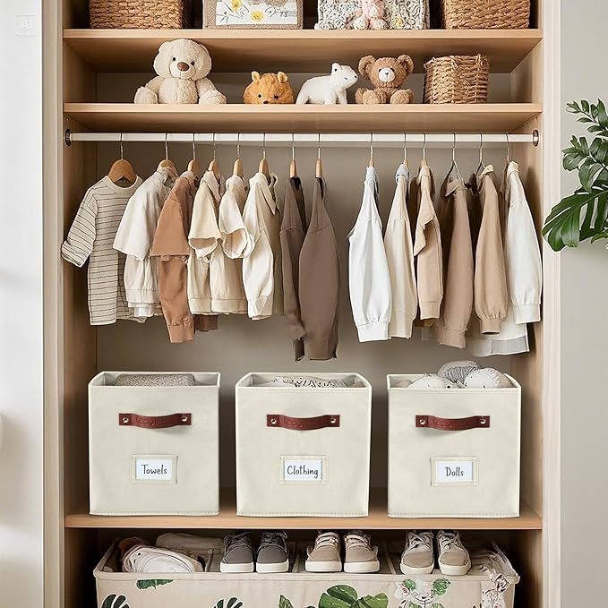 DECOMOMO Storage Bins, Cube Storage Bin with Labels, Fabric Storage Cubes for Shelves (10.5" x 11" / 6pcs, Beige) - Image 7