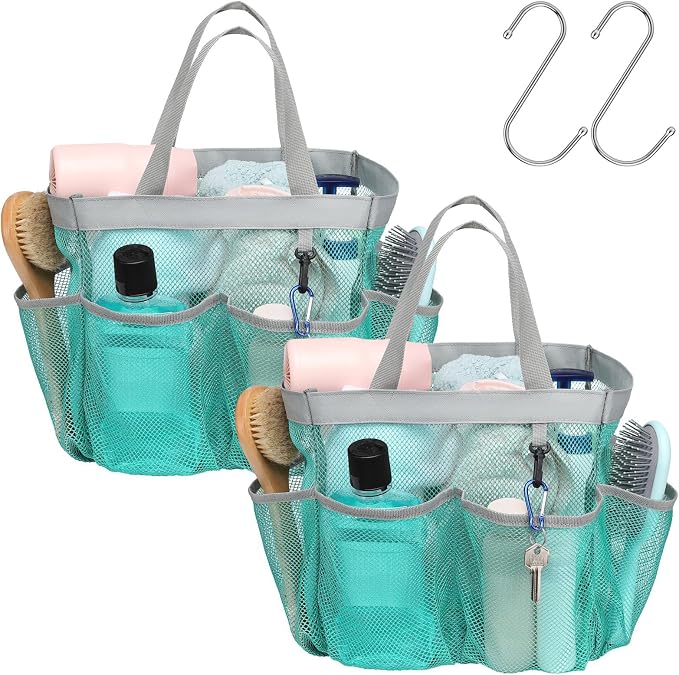 F-color Mesh Shower Caddy Portable - 2 Handles Upgrade Deeper 7 Pockets Basket Bag Tote for College Dorm Room Toiletry Bathroom Essentials Gym Camp Quick Dry with S Hook, 2 Pack Mint Green by F-color