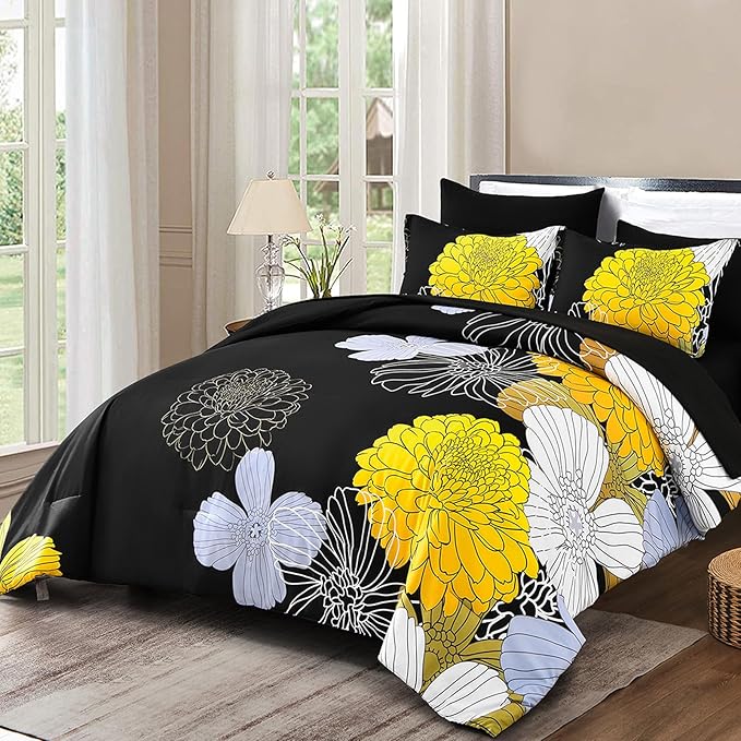 Black Yellow Comforter Set Full,Floral Bed in a Bag Comforter for All Season,7 Pieces(1 Comforter 1 Flat Sheet 1 Fitted Sheet 2 Pillowshams and 2 Pillowcases),Soft Microfiber Bedding Set 90" x78”