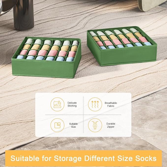 Joyoldelf Sock Drawer Organizer Divider 2 Packs Underwear Organizer, 24 Cell Closet Organizers and Storage Organizer Sock Holders Organizers for Storing Socks, Handkerchiefs, Ties, Belts (Green) - Image 6