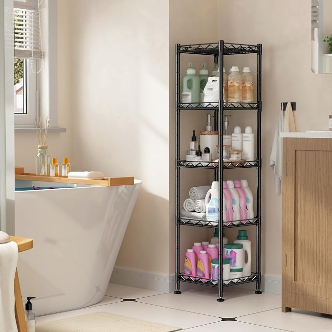 5 Tier Metal Shelving Unit Adjustable Storage Shelves:Wire Shelves Storage Rack Standing Bathroom Shelf and Narrow Small Shelf for Kitchen Pantry Closet Laundry Dorm Office 12''Wx12''Dx49''H Black - Image 6
