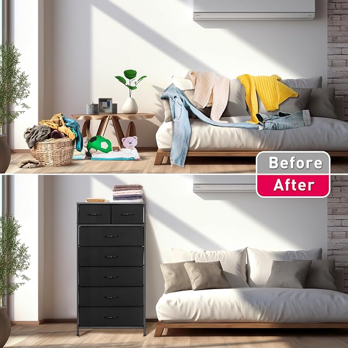Mifuro Tall Dresser for Bedroom, Vertical Storage Organizer Tower with 7 Drawers, Chest of Drawers with Fabric Bins, Steel Frame, Wood Top for Bedroom, Closet, Entryway- Black - Image 6