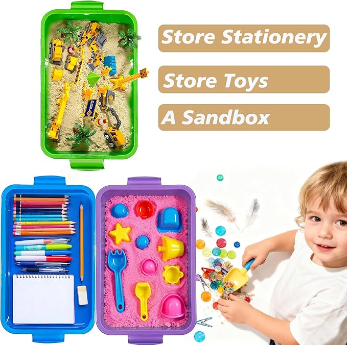 4 Qt (3.8L) Sensory Bin With Lid - 3 Pack, Stackable Storage Sensory Bins with Lids, Portable Sandbox, Organizers Sand, Arts, Crafts, (Blue, Green, Purple) - Image 2