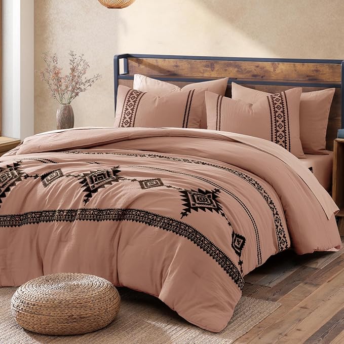 MaiRêve Embroidery Comforter Set, Boho Farmhouse Western Bedding Set, All Season Bed in A Bag Comforter Set with Sheets, Pillowcases & Shams, Dusty Pink Queen 7 Pieces
