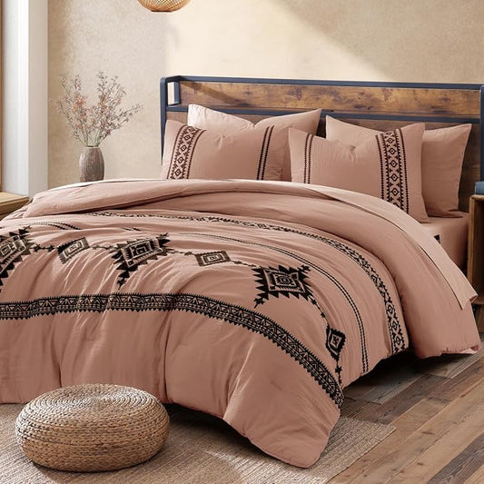 MaiRêve Embroidery Comforter Set, Boho Farmhouse Western Bedding Set, All Season Bed in A Bag Comforter Set with Sheets, Pillowcases & Shams, Dusty Pink Queen 7 Pieces