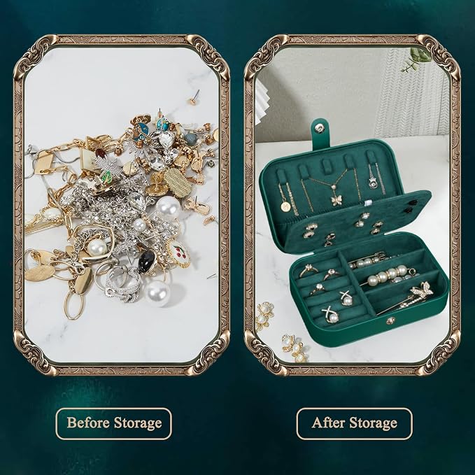 Hatori Travel Jewelry Box, PU Leather Small Jewelry Organizer for Women Girls, Portable Mini Travel Case Display Storage Holder Boxes for Stud Earrings, Rings, Necklaces, Bracelets (Ink Green) - Image 3