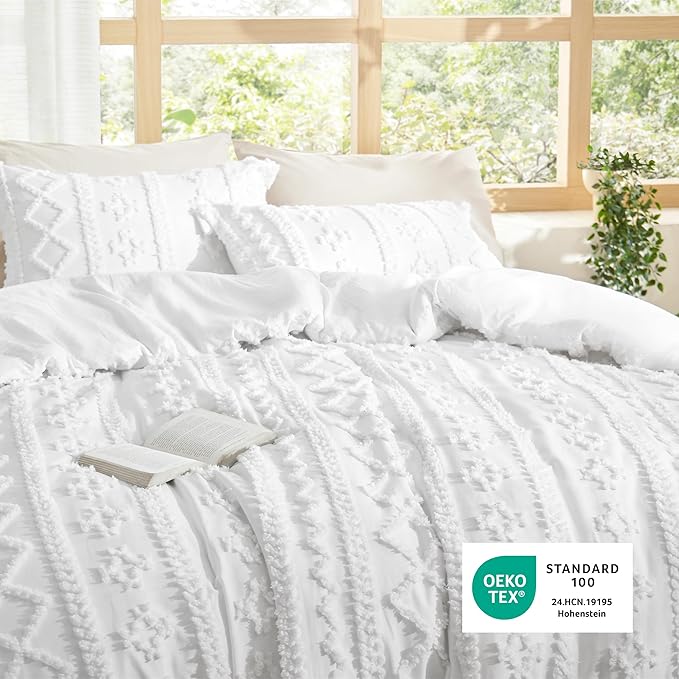 Bedsure Tufted Boho Comforter Set California King - Bright White Boho Bed Set, GentleSoft™ 3 Pieces Farmhouse Shabby Chic Embroidery Bedding, Gifts for Woman, Soft Jacquard Comforter for All Seasons