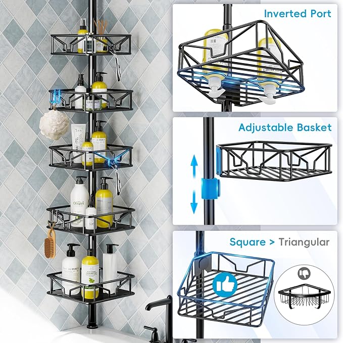 Skycarper 5 Tier Adjustable Corner Shower Caddy Organizer with Hooks,Rustproof Tension Pole 62-116 Inch, Black - Image 4