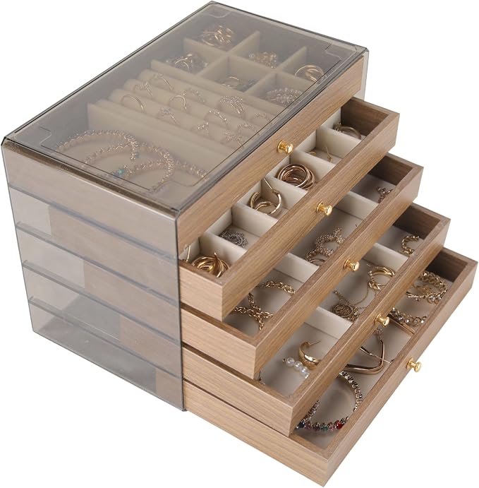 Wooden Jewelry Box Organizers and Storage for Girls Women 5 Drawers Multi-Layer Storage Case for Rings Earrings Necklaces Bracelets Vintage Box by Unknown