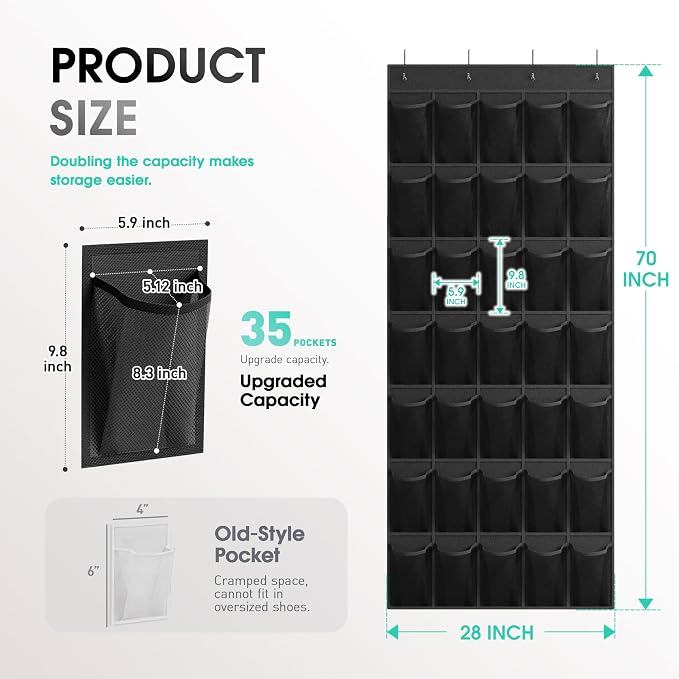 WVM Over The Door Shoe Organizer with 35 Breathable Mesh Pockets, Hanging Shoe Organizer for Door with 4 Metal Hooks, Large Capacity Closet Storage for Shoes, Accessories - Image 3
