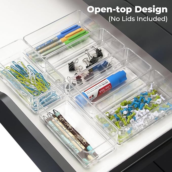 LotFancy Clear Drawer Organizers, 6'' x 3'' x 2'', Set of 3, Drawer Organizer Trays for Desk, Plastic Storage Bins for Bathroom, Makeup, Utensils, Stackable - Image 6