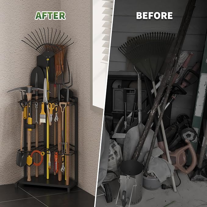 Garden Tool Organizer for Corner - Heavy Duty Metal Rack with 34 Storage Compartments & 14 Hooks for Shovels, Rakes, Long-Handled Tools, Ideal for Garden, Shed, Garage Storage - Image 7