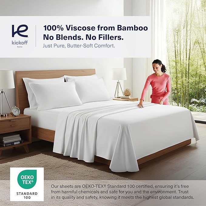 Kickoff Viscose Bamboo Sheets Short Queen Size 4-pc 100% Organic Bamboo Viscose Bed Cooling Sheets Short Queen Size Set Cool Bedding for hot Sleepers Sheet, Flat, Fitted, Pillowcases (White, SQ)