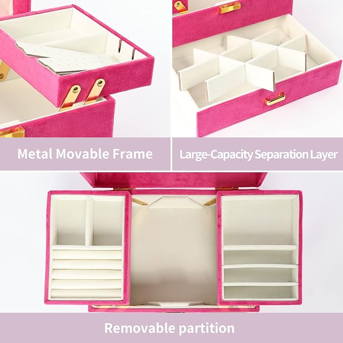 Dajasan Jewelry Organizer Box, Large Jewelry Boxes for Women Girls, Space-Saving 3 Layers Jewelry Storage Case with Drawer, Gift Idea for Christmas, Valentine's Day, Birthday, Mother's Day (Red) - Image 4