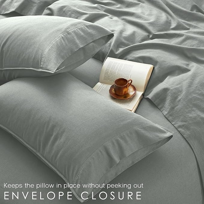 4Pcs Organic Linen Sheets King Size, 100% French Linen from Normandy, Breathable Earl Gray King Sheet Set with 16 Inch Deep Pocket, 1 Flat Sheet, 1 Fitted Sheet, 2 Pillowcases