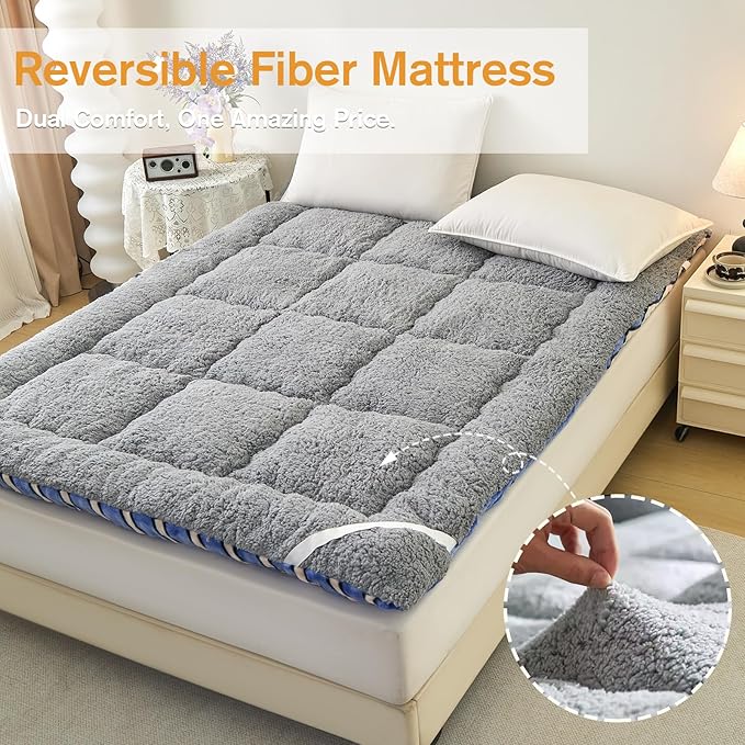 Twin Mattress Pad 39 x 75 inches, Warm Thicken Velvet Mattress Topper Twin Protector with 4 Elastic Band, Suitable for Mattresses up to 15 inches Thick Washable, Blue W Stripes