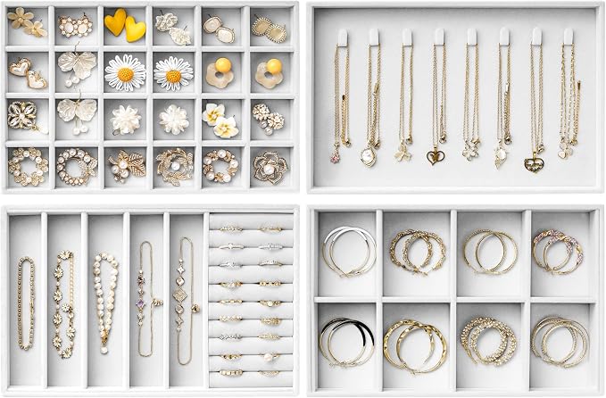 Velvet Jewelry Drawer Organizer Trays – Large White Stackable Jewelry Storage Inserts Set, 4-Layer Jewelry Tray Set for Earrings, Rings, Necklaces, Bracelets with Removable Dividers for Dresser,Vanity by pickpiff