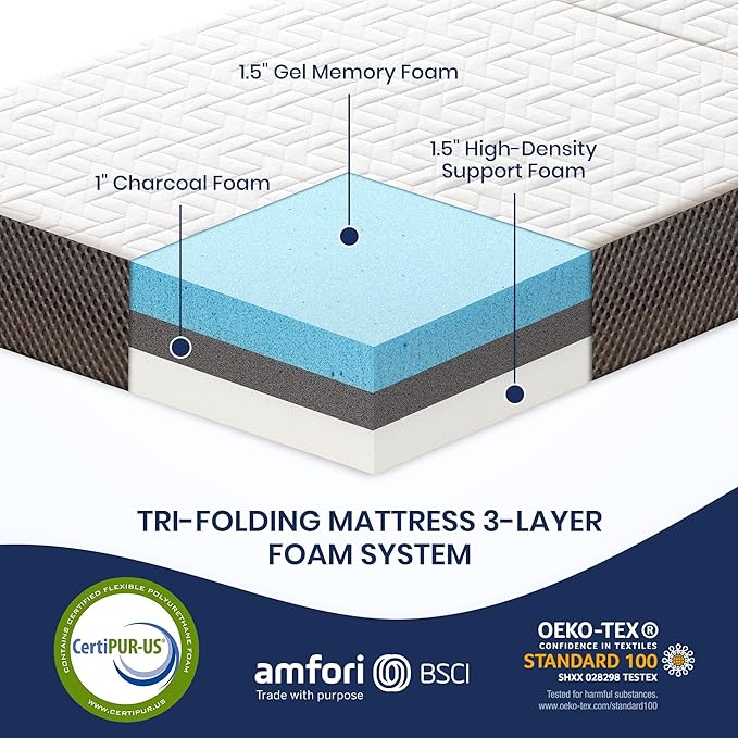 Hanherry 4 Inch Foldable Mattress Single Size, Tri-Folding Portable Memory Foam Topper Floor Bed with Storage Bag, Washable Cover for Travel, Camping, RV, Guest