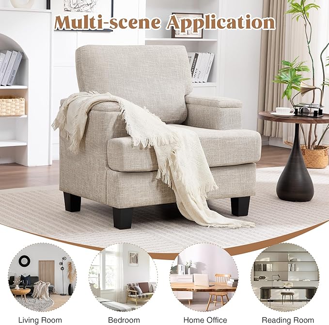 Beige Accent Chair with Armrest Storage, Modern Upholstered Reading Living Room Chairs, Comfy Large Armchair, Fabric Single Sofa Chair for Bedroom