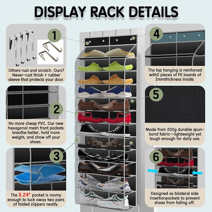 Kotkn Over The Door Shoe Organizer with 12 Large Breathable Pockets - Durable Hanging Storage for the Entire Family's Shoes (Black) - Image 3