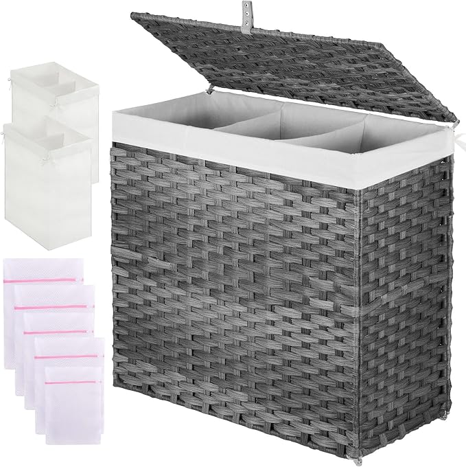 Greenstell Laundry Hamper with Lid, 125L Wicker Laundry Baskets with 2 Removable Liner Bags & 5 Mesh Laundry Bags, Handwoven Rattan Clothes Hamper with Handles for Clothes in Bathroom, Bedroom by Greenstell