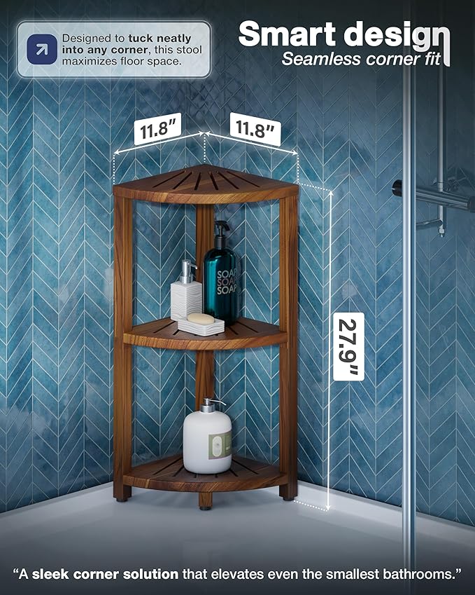 BLUEWEST 3-Tier Corner Shower Caddy Stand, Wood Shower Organizer Standing with Anti-Slip Feet, Waterproof & Durable Bathroom Corner Shelf, Space-Saving Design Storage for Kitchen or Living Room - Image 3