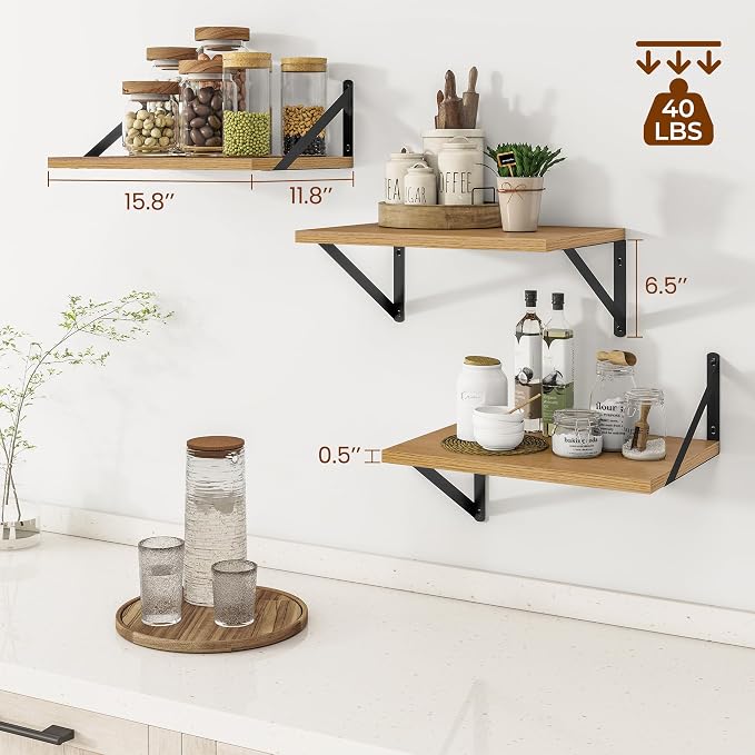 Heimlove Deep Floating Shelves for Wall, 12 Inch Deep Floating Shelves Set of 3, 16W x 12D Wood Wall Shelves, Wide Wood Shelves with Metal Bracket for Living Room, Kitchen, Office, Bedroom - Oak - Image 3