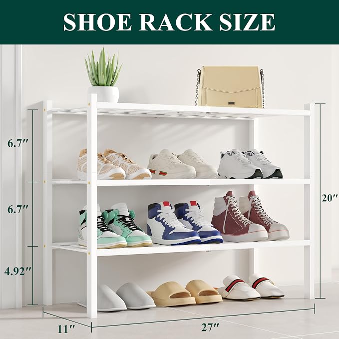 Smiry Shoe Rack, 3 Tier Small Bamboo Shoe Organizer, Stackable Free Standing Wooden Shoe Storage Shelf for Closet, Entryway, Front Door Entrance, White - Image 2