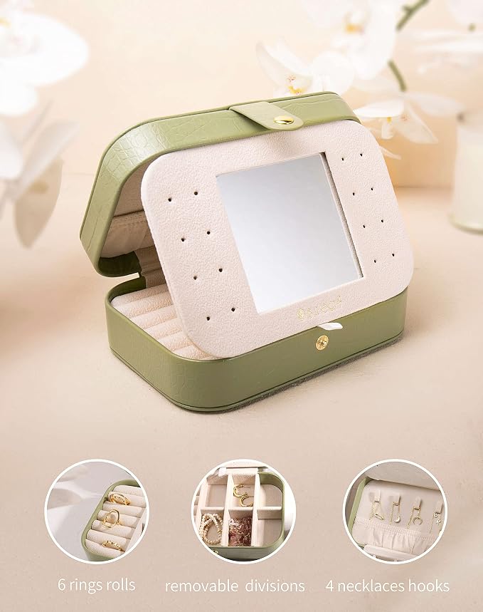 S.Leaf Travel Jewelry Organizer Boxes for Women Small Portable Necklace Earrings Bracelet Rings Travel Case Best Friend Birthday Gifts for Women Trendy (14_Crocodile_Avocade_Big) - Image 4