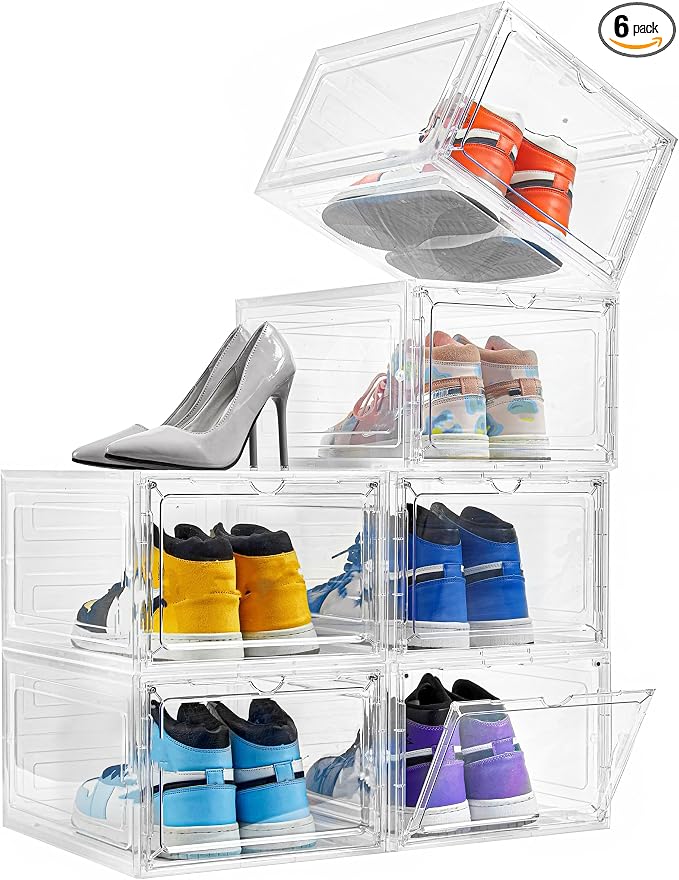 Attelite Shoe Box Organizer,Set of 6,Stackable Plastic Shoe Box with Clear Door, Shoe Storage Box Containers,For Display Sneakers,Easy Assembly,Fit up to US Size 12(13.4”x 10.6”x 7.4”) by Attelite