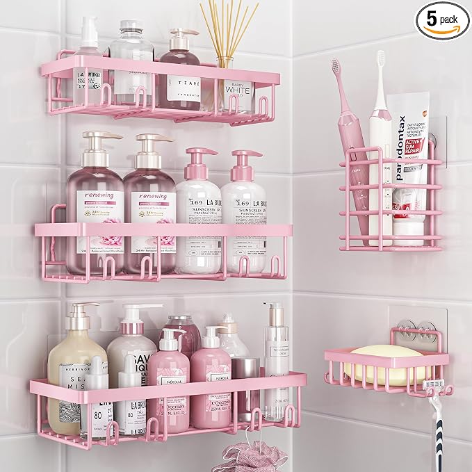 Liuoud 5 Pack Shower Caddy Organizer Rack Shelf for Inside Shower, Adhesive Bathroom Wall Storage Basket Rustproof Stainless Steel Shampoo Holder, Girly Bathroom Accessory Decor Set, Pink by Liuoud