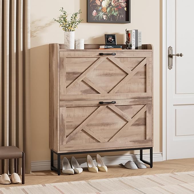 Nicetree Shoe Cabinet with 2 Flip Drawers，Freestanding Shoe Storage Cabinet, Narrow Shoe Organizer Cabinet, Farmhouse Slim Shoe Rack Cabinet for Entryway,Toasted Oak by Nicetree