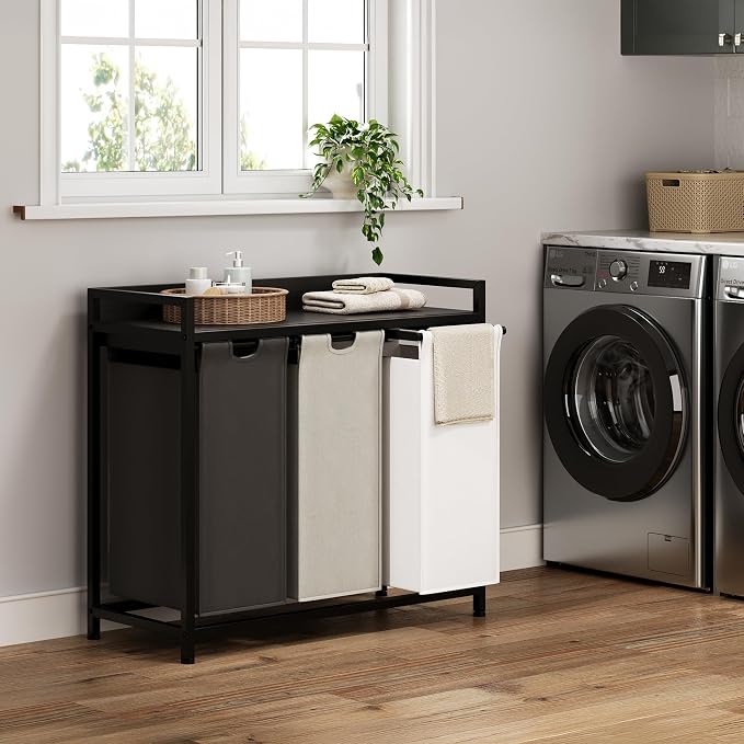 Herture Laundry Hampers with Shelf, Laundry Basket 3 Section, Laundry Sorter with Pull-Out Removable Large 3 Color Bags and Movable Wheels, Metal Frame, 3 x 15.87 Gallons (60L), Black PF04XLK - Image 2