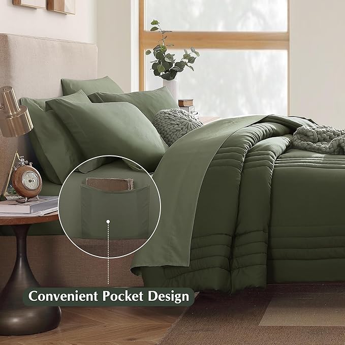 Monbix Queen Comforter Set - 7 Pieces Olive Green Bed in a Bag Queen Bedding Sets with Comforters, All Seasons Comforter Bed Set with Sheets, Pillowcases & Shams