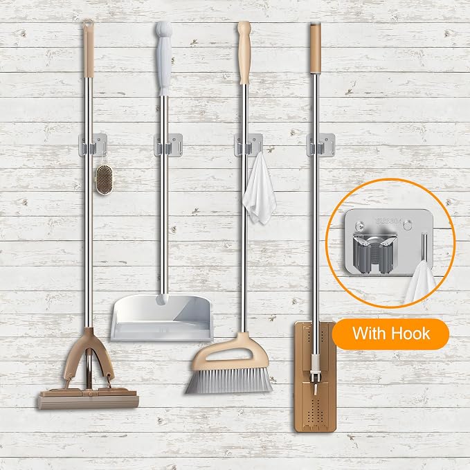 4 Pack Stainless Steel Mop and Broom Holder Wall Mount with Hook, Screw Drilling Mop and Broom Hanger, Single Heavy Duty Storage Rack for Laundry Garage Closet Garden Tool Organizer, Silver - Image 5