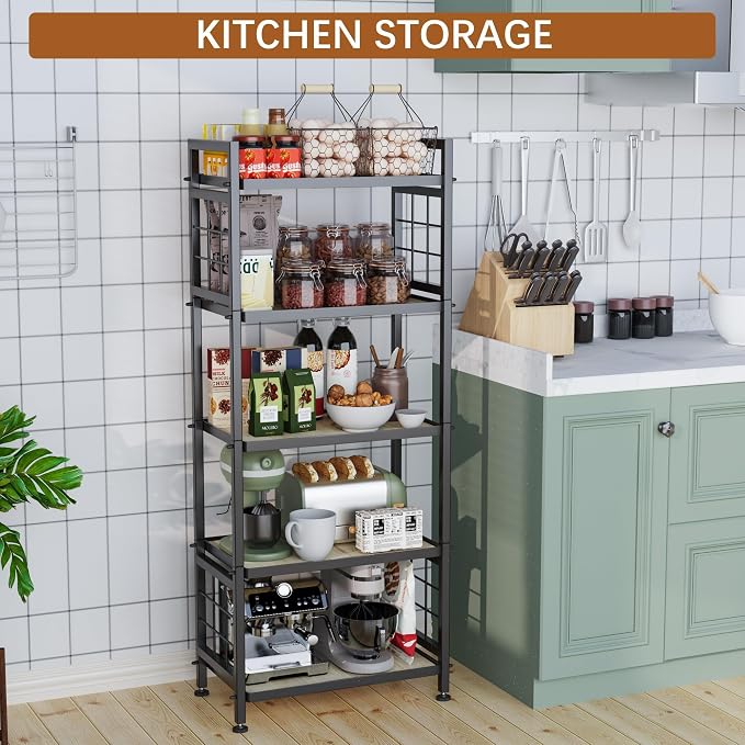 GIOTORENT 5-Tier Pantry Shelves with Wooden Boards, Heavy Duty Storage Shelves & Book Shelf, Adjustable Metal Shelving Unit for Kitchen Bathroom Laundry Organizer, Sturdy Rust-Resistant, Black - Image 2