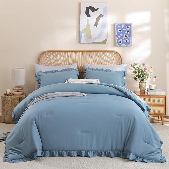 JANZAA Twin Comforter Set Mineral Blue Ruffle Comforter with 1 Pillowcase Soft Twin Size Bed Set Vintage Farmhouse Bed Comforter Set Fluffy Shabby Chic Bedding for All Season