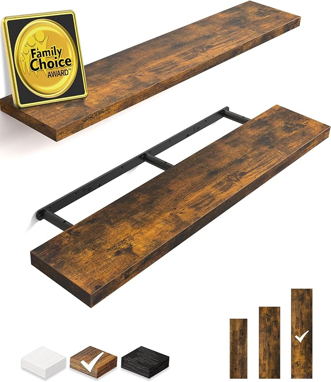 BAYKA Floating Shelves, 48 inches Long Wall Mounted Rustic Wood Shelves for Bathroom, Bedroom, Living Room, Kitchen, Office, Hanging Shelf for Books/Storage/Decor(Rustic Brown,Set of 2) by Bayka