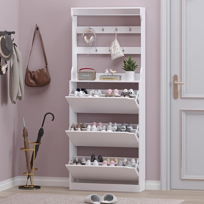 BORNOON Shoe Cabinet with 3 Flip Drawers & Coat Rack, Narrow Hidden Shoe Storage Cabinet, 2-in-1 Hall Tree Slim Freestanding Shoe Rack Organizer for Entryway, Hallway, and Living Room - Image 7