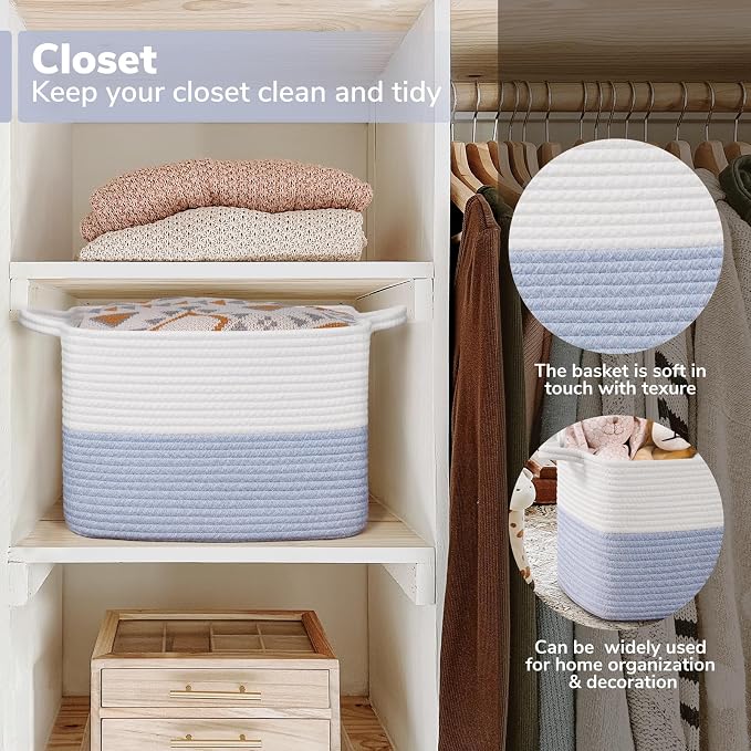Goodpick Woven Storage Baskets for Organizing, Cotton Rope Organizer for Dog Toys Books, Rectangle Shoe Basket for Shelves, Stylish Gift Baskets Empty with Handles, 13"x10"x9", Blue - Image 5