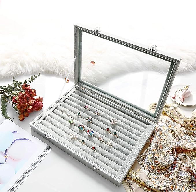 Jewelry Tray Ring Organizer Box with Clear Lid Velvet Tray for Jewelry Storage Display Case, 10 Slots Can Hold 100 Rings Earrings Dustproof Necklace Jewelry Box Organizer & Tray - Image 3