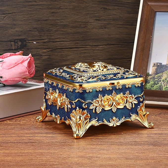 Hipiwe Metal Jewelry Box Decorative Trinket Chest Rectangular Treasure Display Case Keepsake Organizer for Earrings Ring Holder, Blue, 5.1" L x 5.1" W x 3.1" H - Image 5