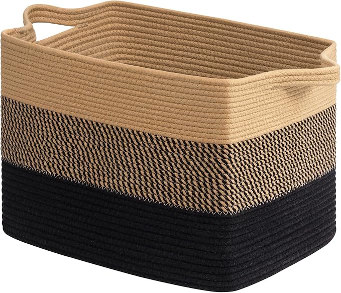 Goodpick Large Woven Basket 18" x 14" x 12" Cotton Rope Storage Baskets for Organizing, Rectangle Wicker Laundry Basket with Handles, Toy Baskets for Kids, Black & Jute by Goodpick