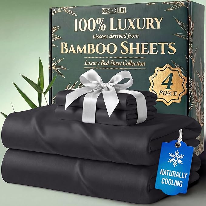 DECOLURE 100% Viscose Derived from Bamboo Sheets Twin Size - Luxury 4 Pc Naturally Cooling Sheets, Ultra Soft Bed Set - Deep 17" Pockets, Durable Double Stitching, Oeko Tex Standard (Charcoal)