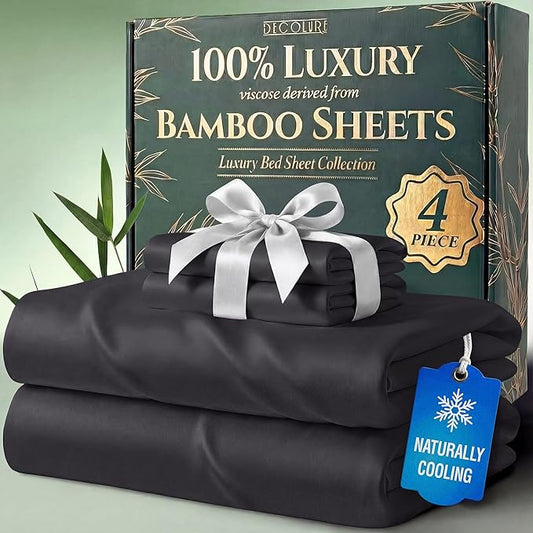 DECOLURE 100% Viscose Derived from Bamboo Sheets Twin Size - Luxury 4 Pc Naturally Cooling Sheets, Ultra Soft Bed Set - Deep 17" Pockets, Durable Double Stitching, Oeko Tex Standard (Charcoal)