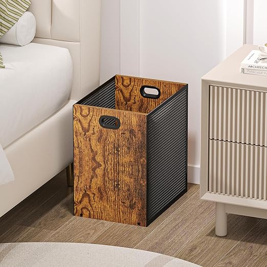 Retro Office Trash Can, Iron and Wood Combination Bedroom Garbage Can, Rectangular Design Wastebasket with Handle, Industrial Style Trash Can for Home Office, 11.02" X 7.87" X 11.81" 4.5 Gallon (2) - Image 5