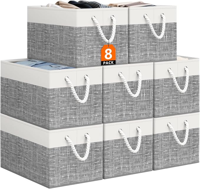 StorageTastic Storage Bin,Collapsible Storage Basket For Organizing,Large Storage Boxes With Rope Handles,Storage Containers,White & Grey,8 Pack by StorageTastic